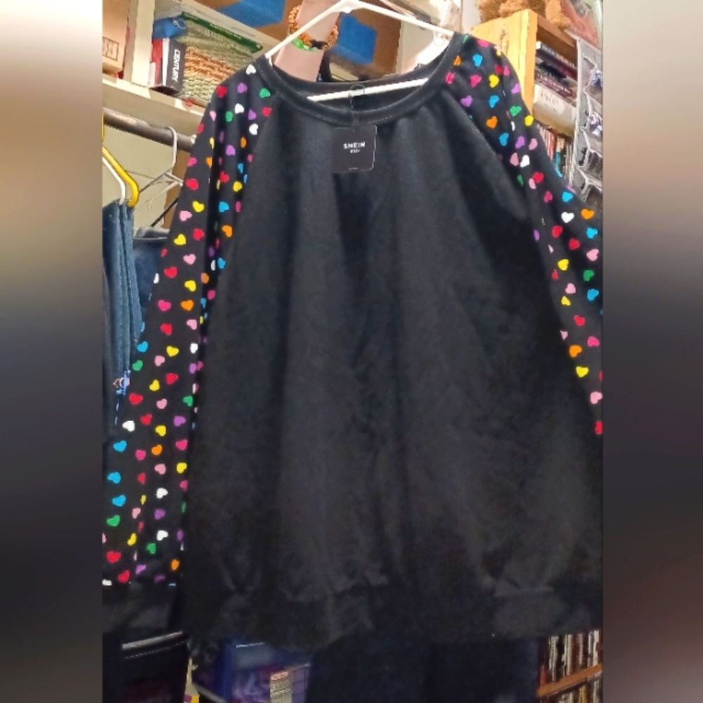 Shein Black Sweatshirt with Colorful Heart Sleeves